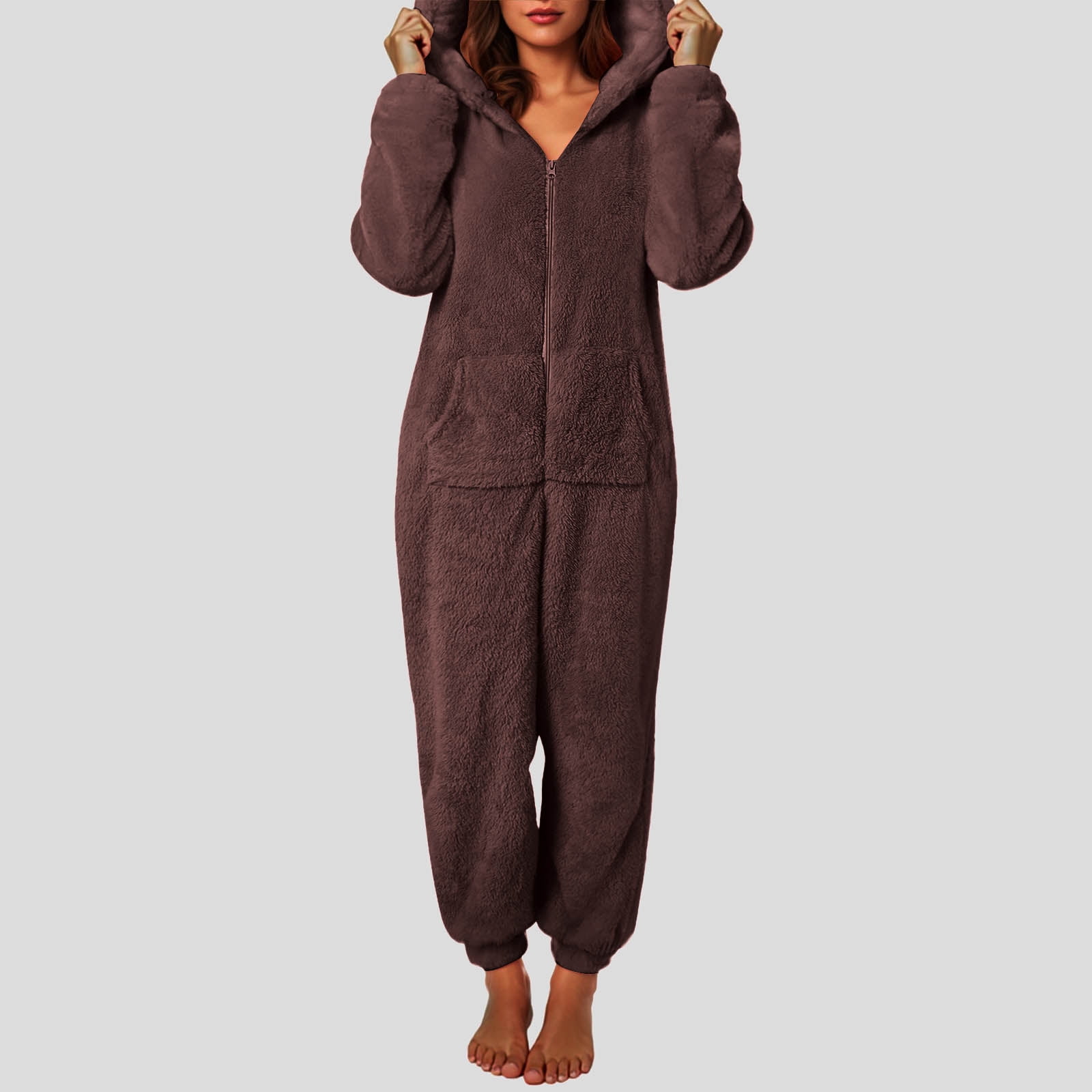 Rotm Adult Onsies Trendy Fashion Ladies One-Piece Jumpsuit Animal Hoodie Long Sleeve Sleepwear Comfortable Pajamas For Women Coffee,4XL