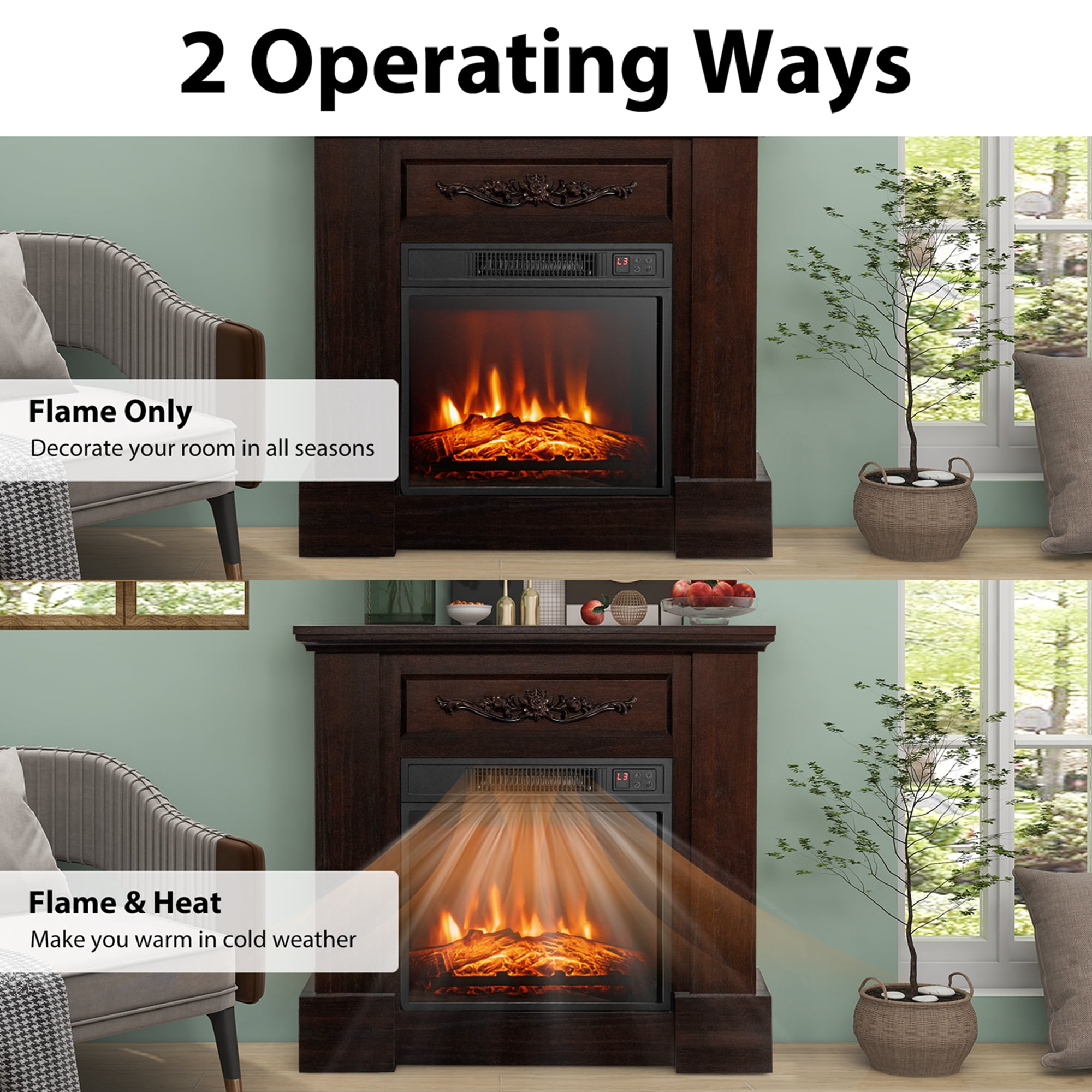 Costway 32" Electric Fireplace Mantel TV Stand Space Heater w/Remote Control 1400W Brown