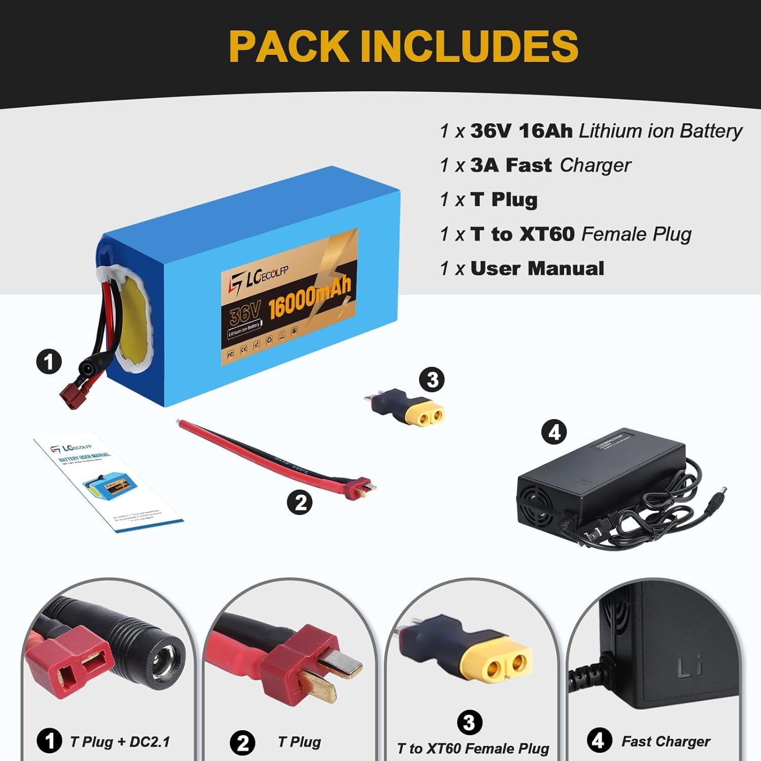 Ebike Battery 36V 16AH Lithium Battery Pack with 30A BMS for Electric Scooter Bicycles Motorcycle