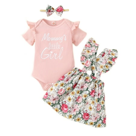 

Infant Baby Girls Clothes 9 Months Baby Girls Summer Skirt Outfit Sets 12 Months Short Sleeve Romper Tops Suspender Floral Skirt Headband 3PCS Set Pink