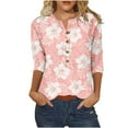 thumbnail image 1 of 3/4 Manga Superior Impresa Botón Suelto Cuello Redondo Camiseta, Tops Sueltos para las Mujeres, 1 of 4
