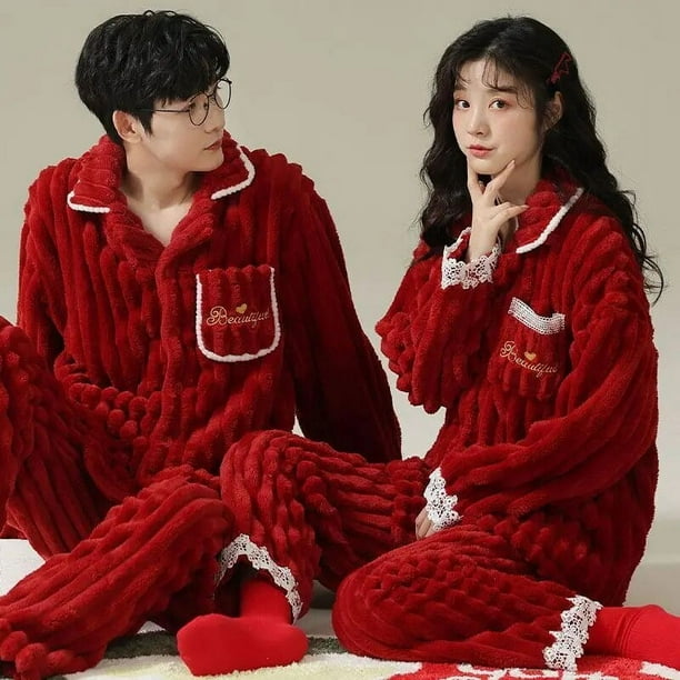 Pijama de terciopelo Coral para hombre y mujer ropa de estar por casa de felpa roja conjunto grueso de felpa para boda otono e invierno novedad de 2023 Walmart en linea