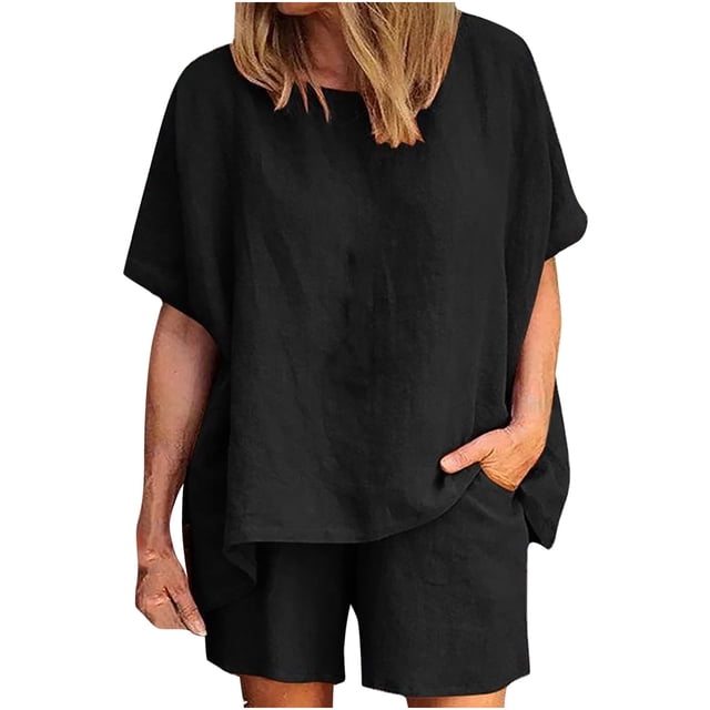 Pompotops Women Casual Summer Round Neck Short Sleeve Tops And Shorts Two Pieces Set Suit
