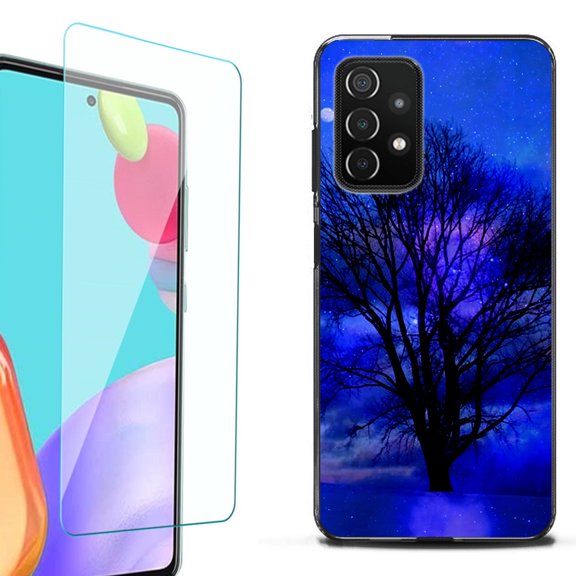 Slim-Fit Flexible TPU Gel Phone Case (black) for Samsung Galaxy A52 5G, with Tempered Glass Screen Protector, by OneToughShield ® - Night Tree