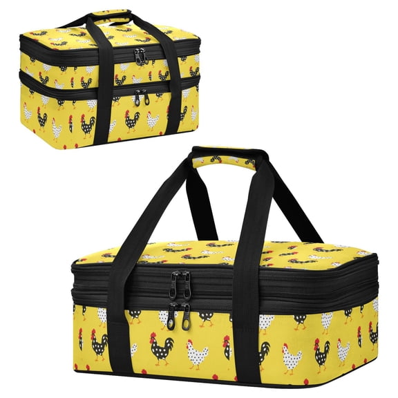 Large Double Decker Insulated Casserole Carrier Expandable 2-Layer Thermal Food Tote Bag Polka Dot Chicken Yellow Pattern Hot Cold Pizza Lasagna Holder for Potluck Picnic Party Camping