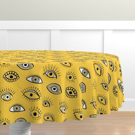 

Cotton Sateen Tablecloth 70 Round - Eyes Yellow White Black Evil Eye Magical Lucky Print Custom Table Linens by Spoonflower