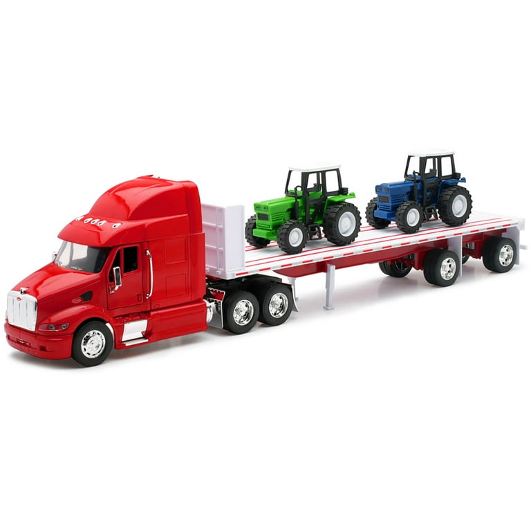 New Ray Peterbilt 387 Red Flatbed Truck with 2 Blue and