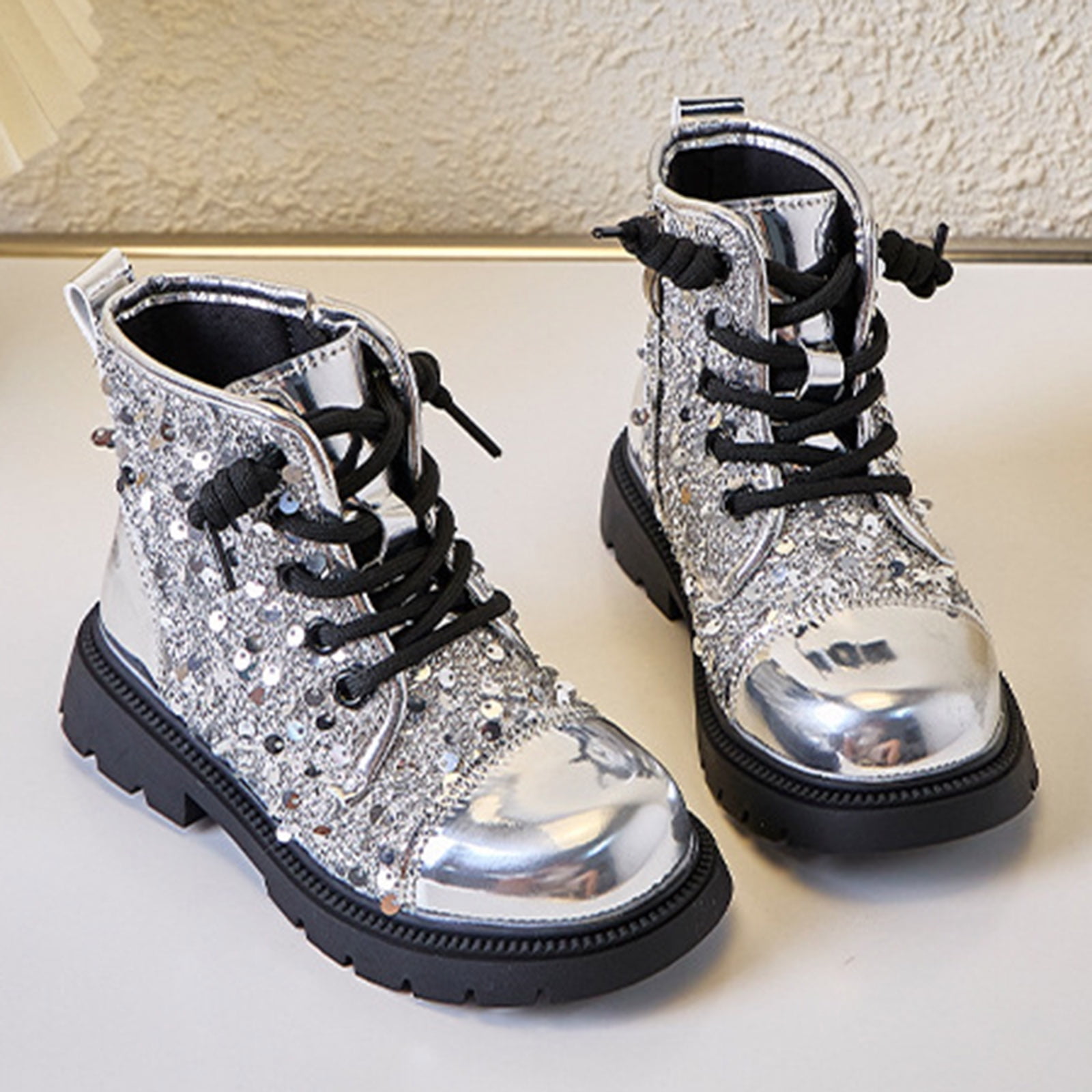 HCNTES Girls Boots Glitter Combat Boot Winter Side Zipper Lace-up
