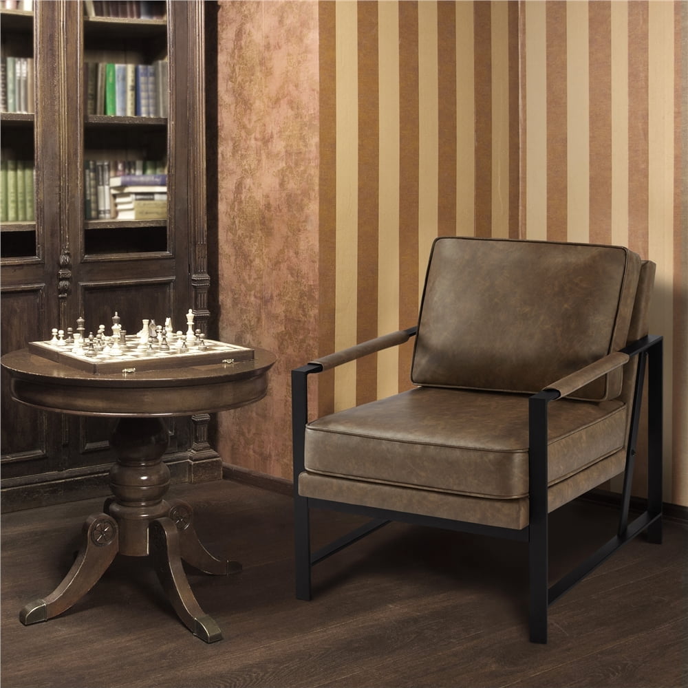 Alden Design Mid-Century Modern Accent Chair with Metal Frame, Brown Faux Leather