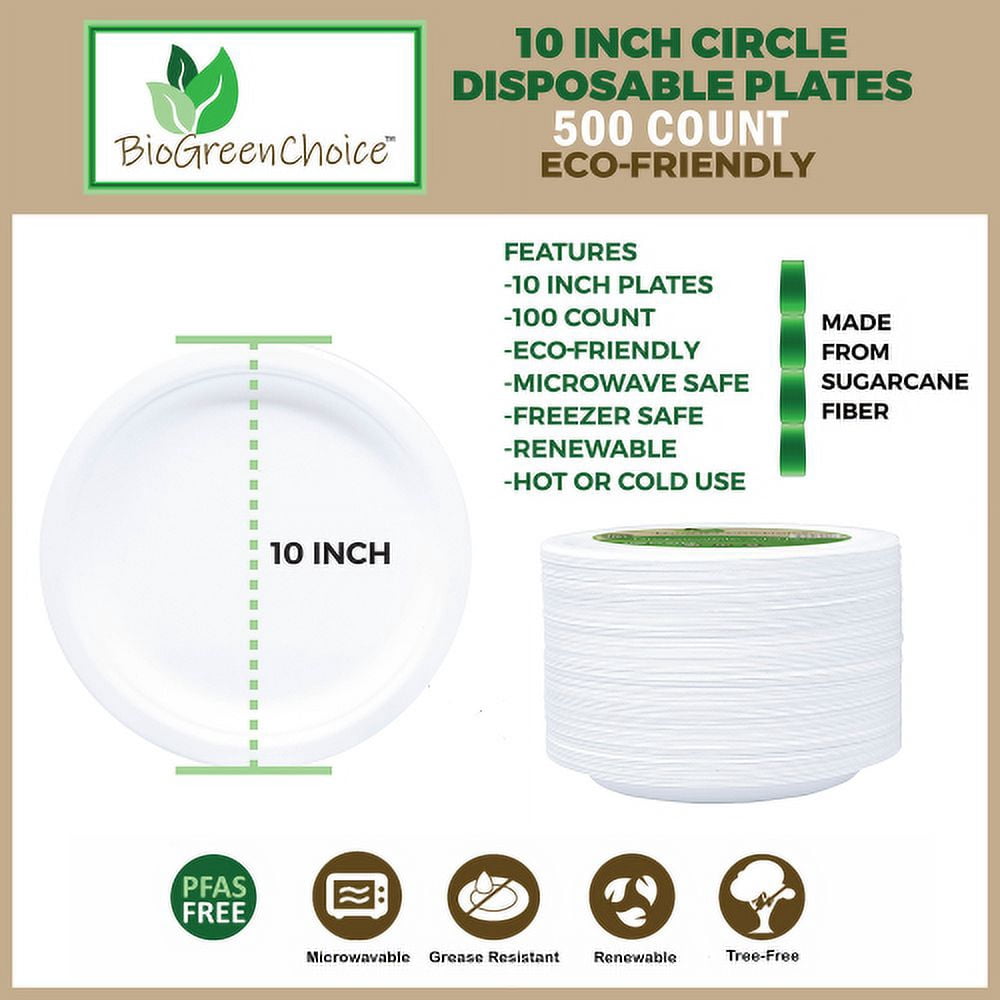 BioGreenChoice Eco-Friendly White 10 in. PFAS-FREE Fiber/Bagasse Disposable Plates (500 count), Heavy Duty Paper Plates- Microwave safe (10 inch)