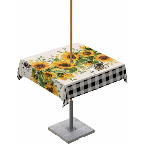 Outdoor Tablecloth with Umbrella Hole for Patio/Picnic/Party/Camping, Sunflower Black Waterproof Table Cloth Square Cover Washable, Country Plaid Summer Bee Spring Leaf 60"x 60"