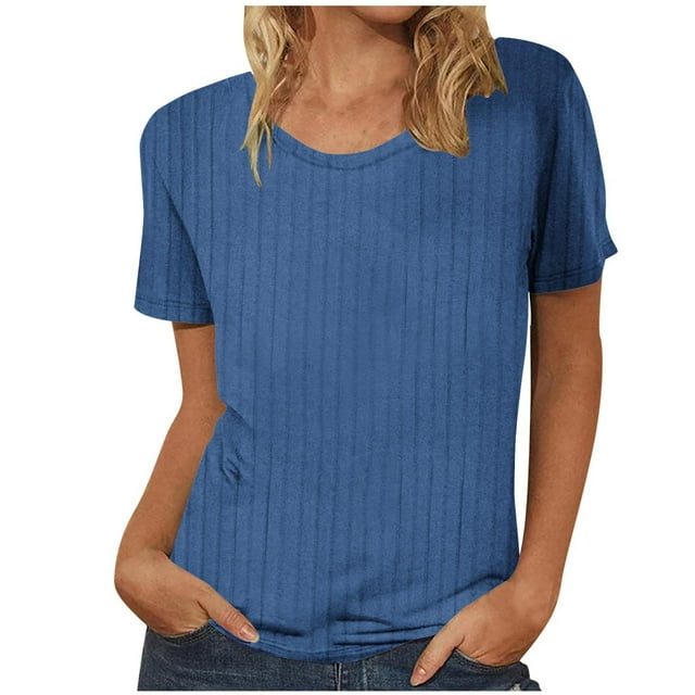 Plebaso Hauts d'Été pour Femmes Manches Courtes Col Rond T-Shirts Tricotés Couleur Unie Blouses Décontractées pour Femmes