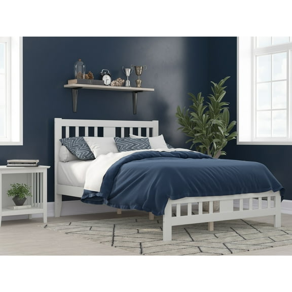 Full Bed with Footboard - Rustic White Bed Frame - Solid Wood & Veneer - No Box Spring Needed