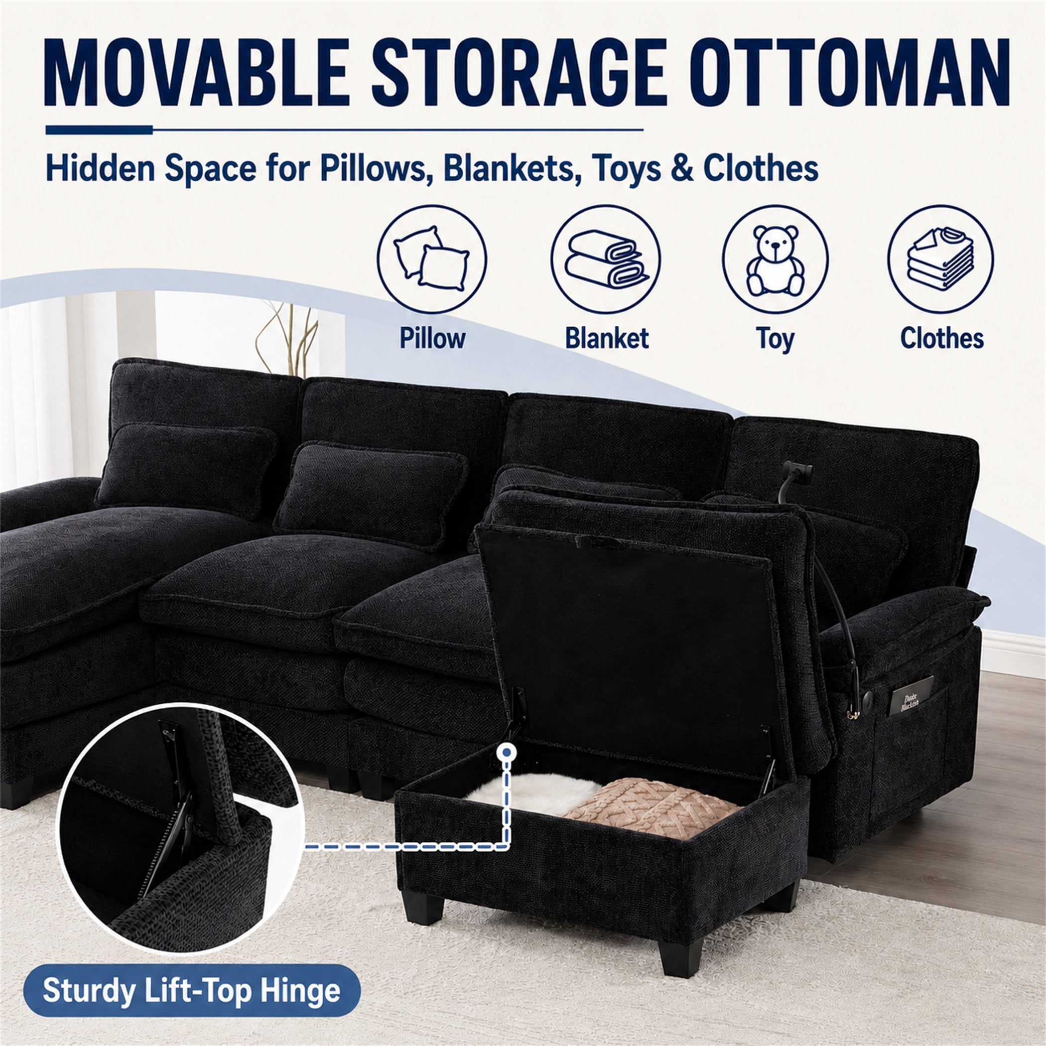 Aukfa 106" Sectional Sofa Deep Seat U shape Couch for Living Room, USB&Type-C Ports, 4 Lumbar Pillows, Storage Ottoman, Overstuffed Chenille, Black
