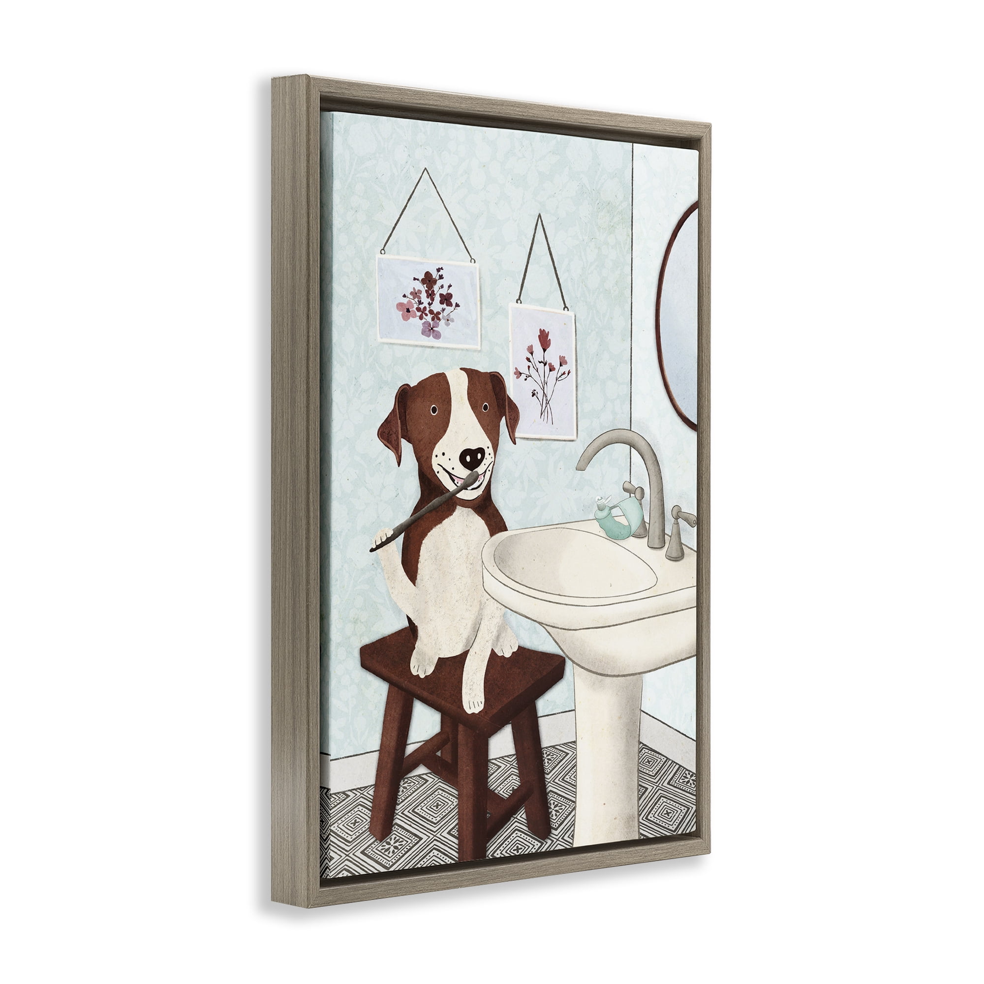 Stupell Industries Dog Brushing Teeth Typography Painting Brown Floater Framed Canvas Art Print Wall Art, 21 x 31