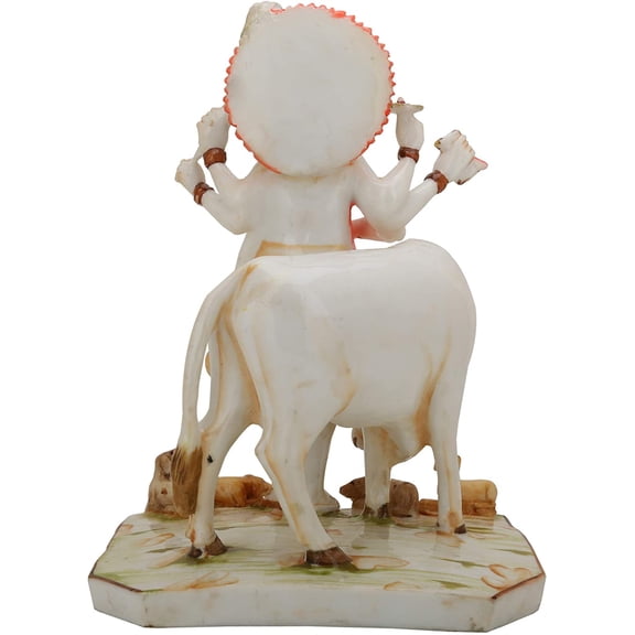Marble Dattatreya Statue Sculpture with Cow, Large 12 inches Murti, Beautiful Hand Carved 3 Face Trinity Hindu Religious Home Temple Housewarming Gifts