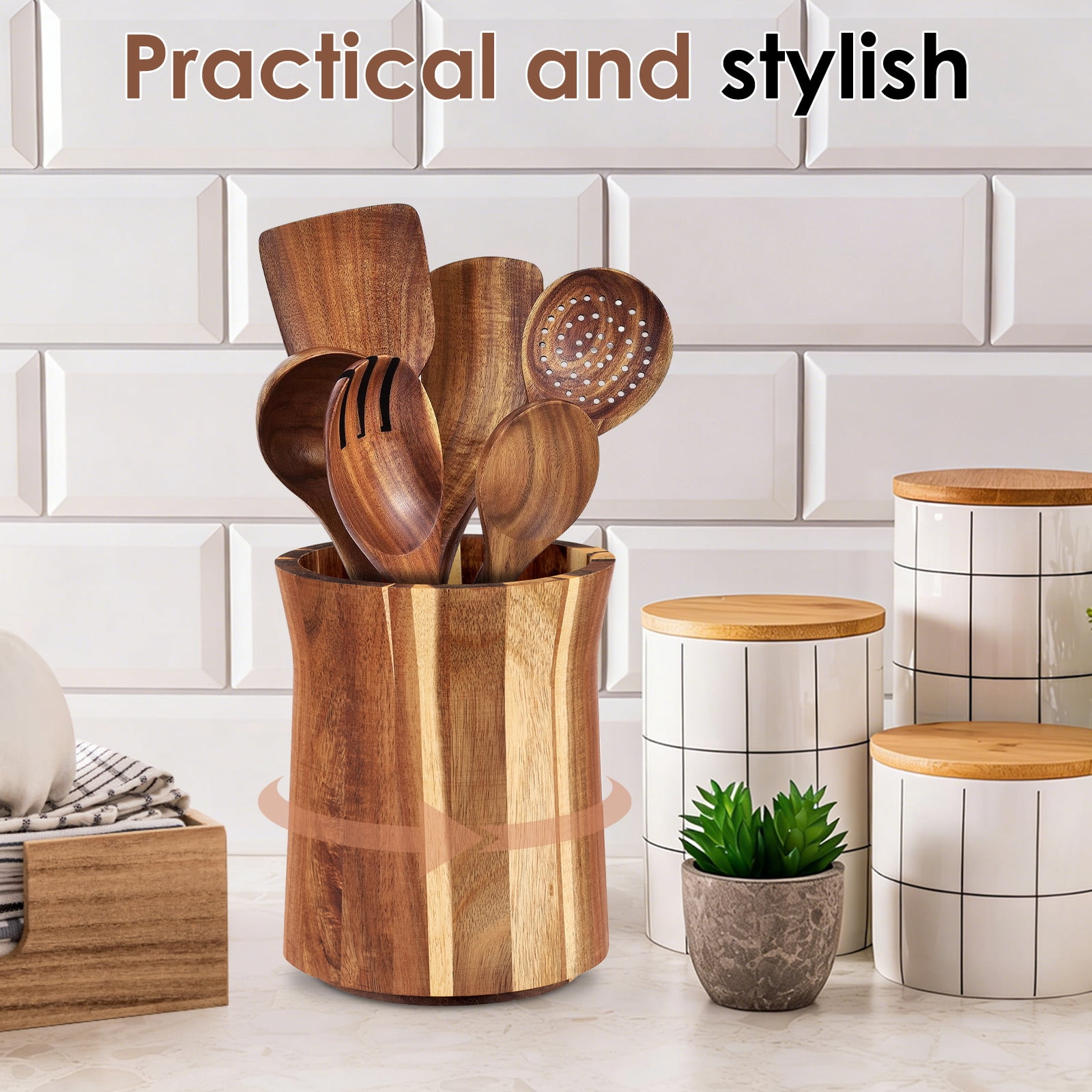 NUAHRHY 7.44" Utensil Holder, 360° Rotating Cooking Utensil Crock for Countertop, Acacia Wood Cooking Tool Organizer for Kitchen Counter Spatula Storage, Natural Kitchen Decor