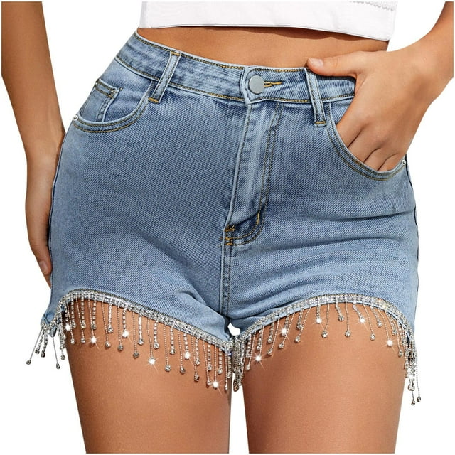 Women's Rhinestone Fringe Denim Shorts High Rise Stretchy Jean Shorts Slim Fitted Hot Shorts with Pockets