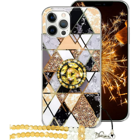 Compatible with iPhone 12 Pro Max Marble Case Elegant Cute Bling Glitter Diamond Ring Holder Kickstand Shiny Sparkle Crystal Strap for Women Girl Soft Bumper Protective Cover Case 6.7 inch Black