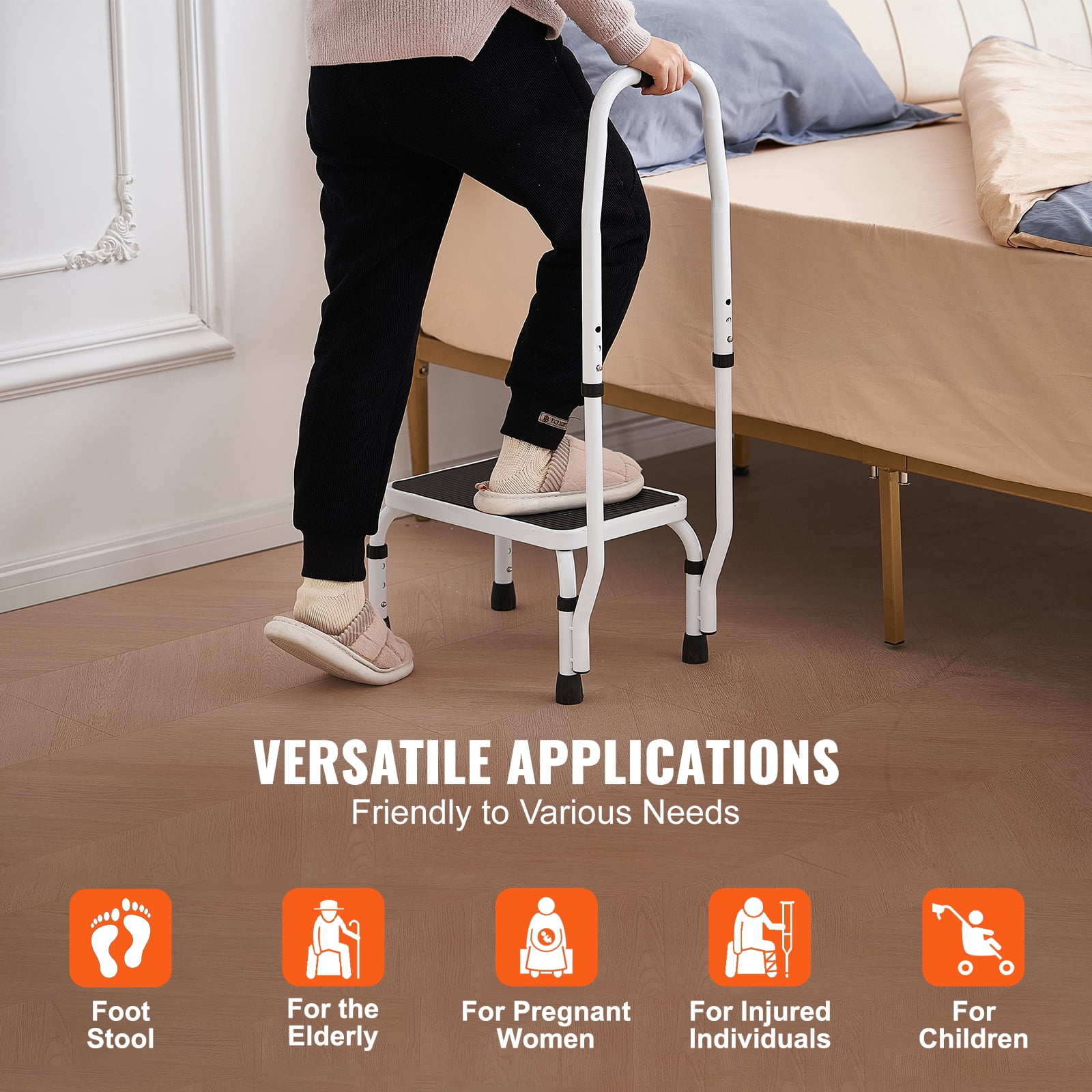 VEVOR Step Stool 1-Step 330lbs Capacity, 3 Adjustable Height with Handle Steel Step Ladder, Portable Step Stools for Adults, Non-Slip Sturdy Step Ladders for Office, RVs, Pets