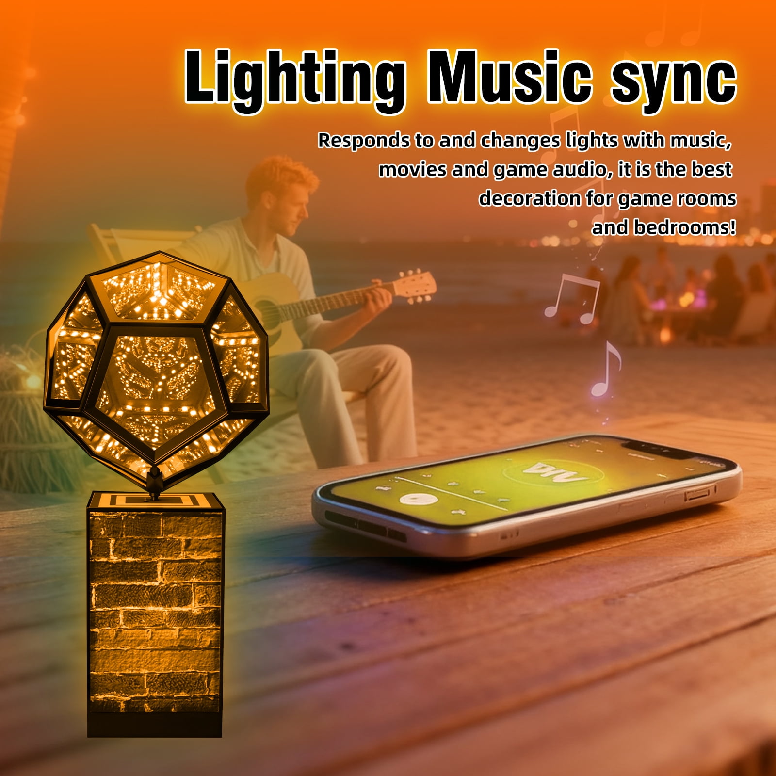 Upgraded Rotatable Infinity Mirror Light Cool LED Changing Night Light Dodecahedron Lights with Music Sync Function for USB Power Supply for Computer Game Table Birthday Gift