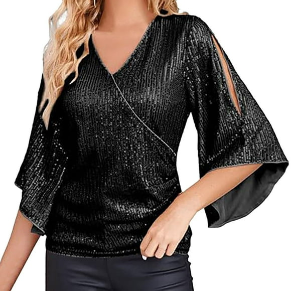 Black Womens Tops Womens Sequin Tops 3/4 Sleeve Glitter Sparkly Party Blouse V Neck Dressy Tops for Evening Party Going Out Tops for Women