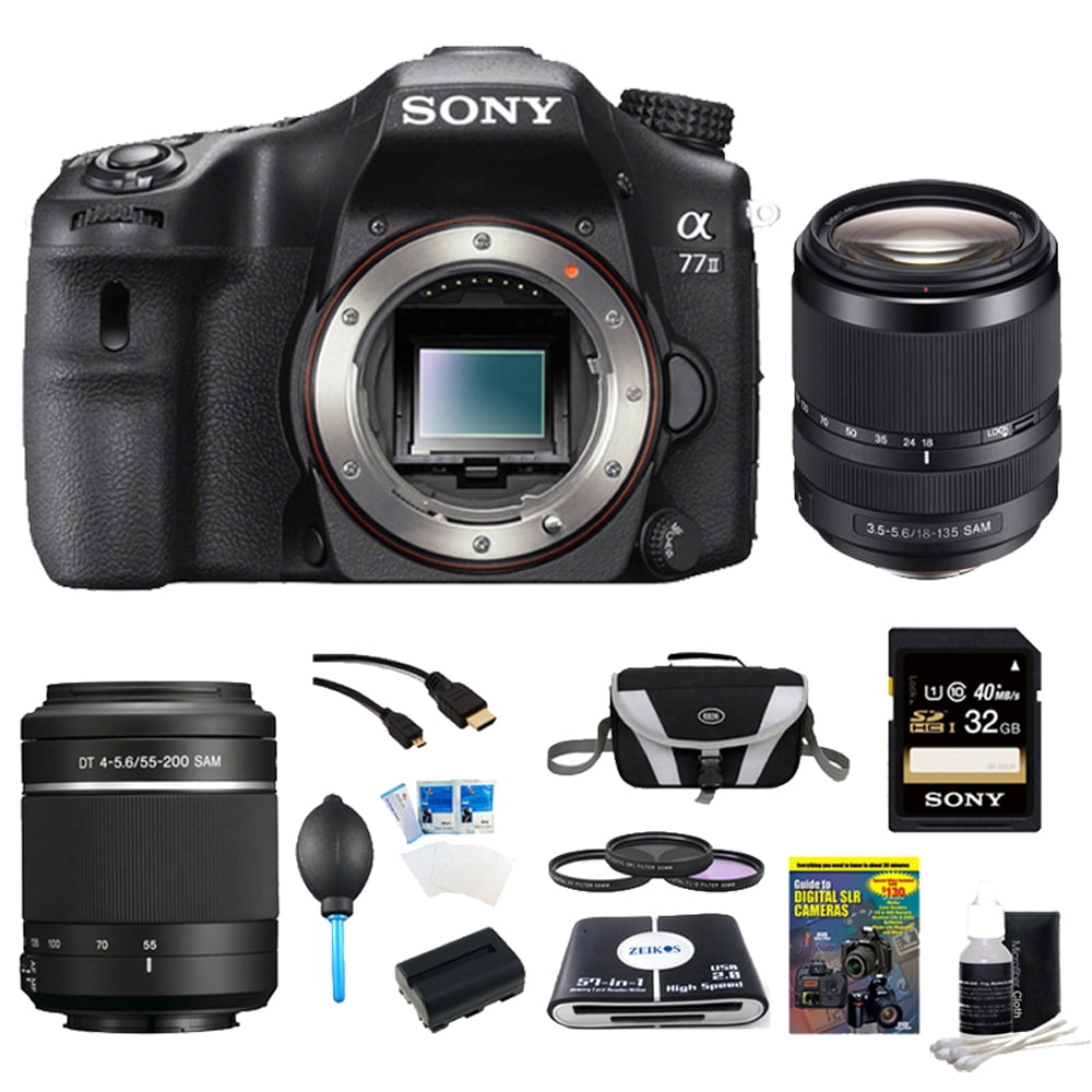 compromiso Haz todo con mi poder Minimizar Sony a77II 24.3MP HD 1080p DSLR Camera Lens Bundle Includes: a77 II Camera,  Sony 18-135mm SAM Silent Zoom Lens, Sony DT 55-200mm Zoom Lens, 32GB SDHC  Card, NP-FM500 Battery, Compact Bag, Filter