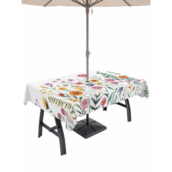 Outdoor Tablecloths with Umbrella Hole & Zipper, Spring Floral Rectangle Tablecloth 52x70 Inch, Pink Yellow Flowers Farmhouse Waterproof Table Cloth, Patio/Pool/Picnic Table Covers