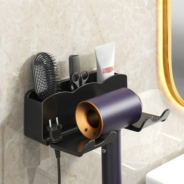 Soporte para secador de pelo sin necesidad de perforar | 3 rejillas de almacenamiento y 4 ganchos | Organizador de baño de pared para secador de pelo y accesorios | Incluye soporte adhesivo