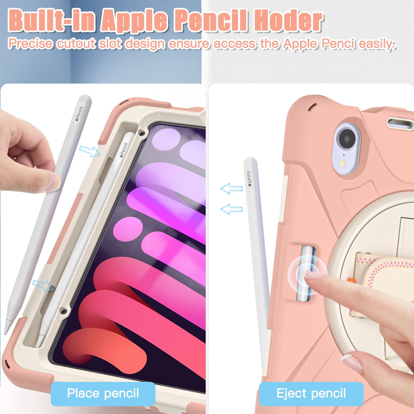 Allytech iPad mini 6 Case 8.3-inch 2021, Military Grade Shockproof Anti-scratch Build-in Pencil Holder Kickstand Hand Strap Protective Case Cover for Apple iPad mini 6th Generation, Pink