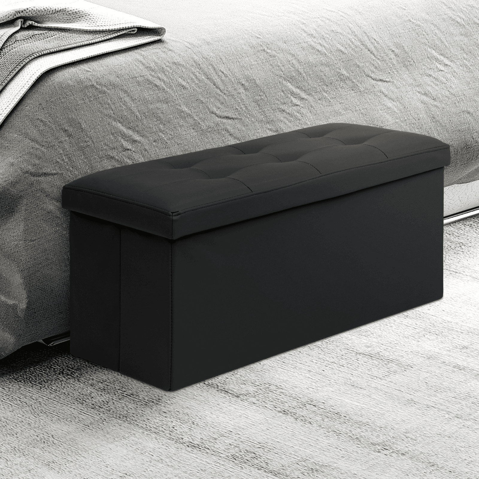 MoNiBloom 30" Folding Storage Ottoman Bench, PU Leather Collapsible Footrest Ottoman with Storage, for Living Room Bedroom Entryway, Black