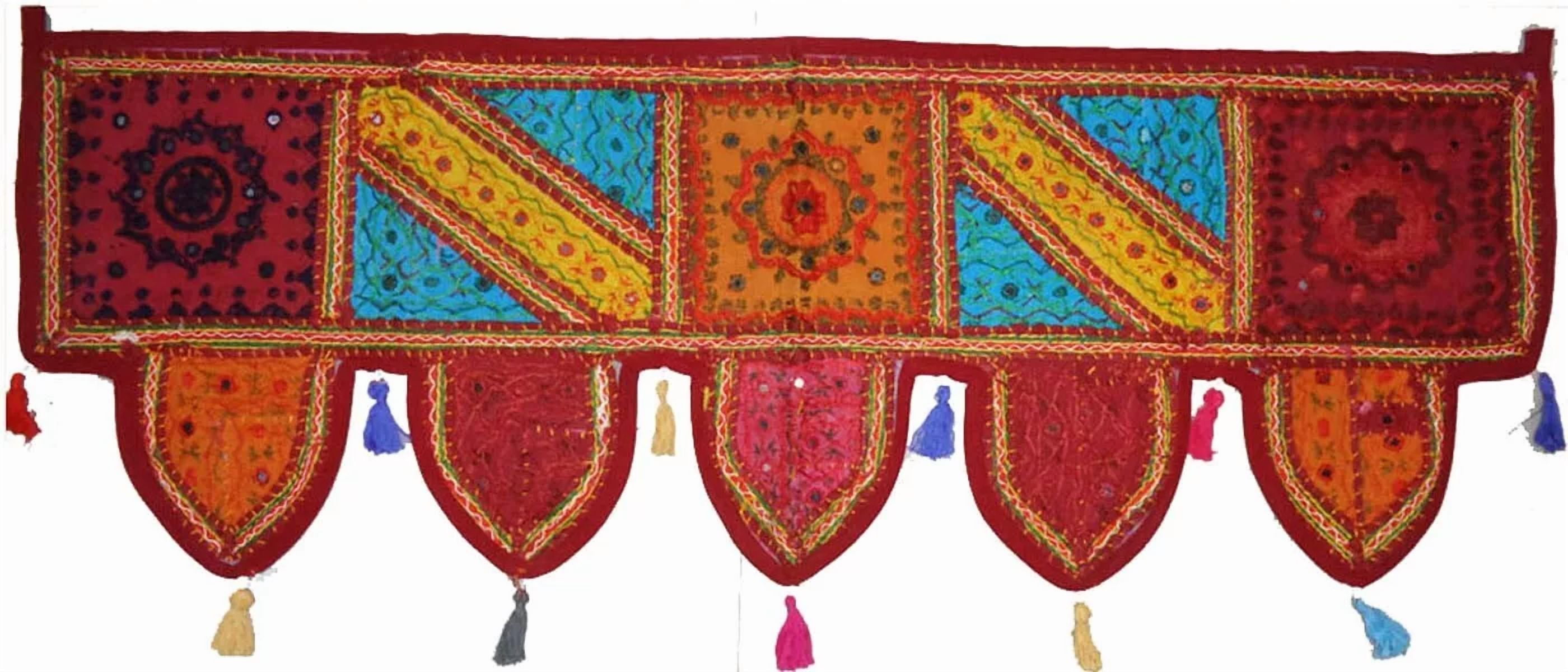 Boho Window Door Toran Valance – Beaded & Mirrored Gate Topper Tapestry with Kantha Embroidery for Wedding or Home Décor
