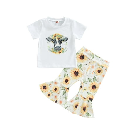 

Bagilaanoe Toddler Baby Girl Summer Clothes Short Sleeve Cow Print T-shirt Tops Sunflower Bell Bottom Flare Pants 1 2 3 4 Years Kids 2pcs Outfits