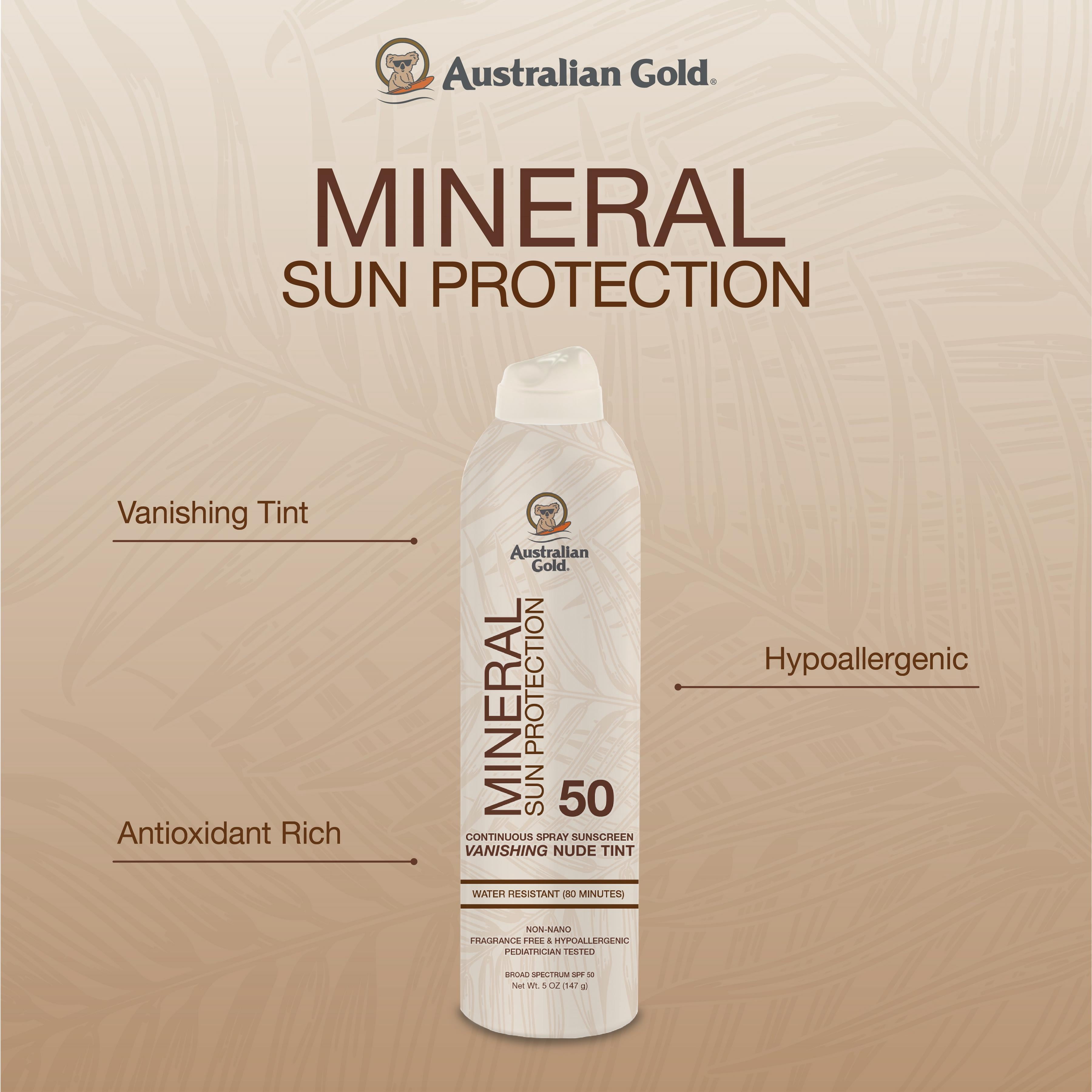 Australian Gold Hypoallergenic Mineral Sunscreen Continuous Spray, Fragrance Free, SPF 50, 5 oz