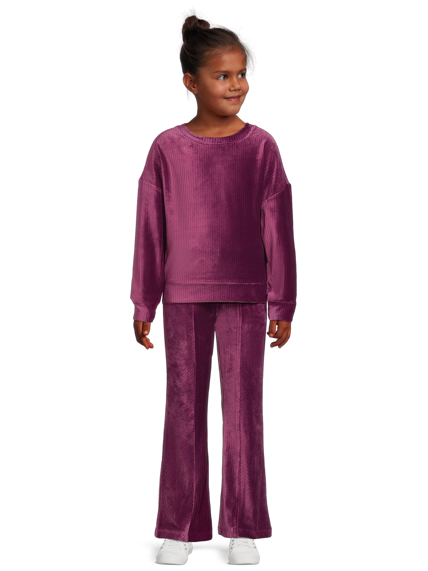 2-piece Toddler Girl Ruffled Lace Design Velvet Sweatshirt and Flared Pants Set