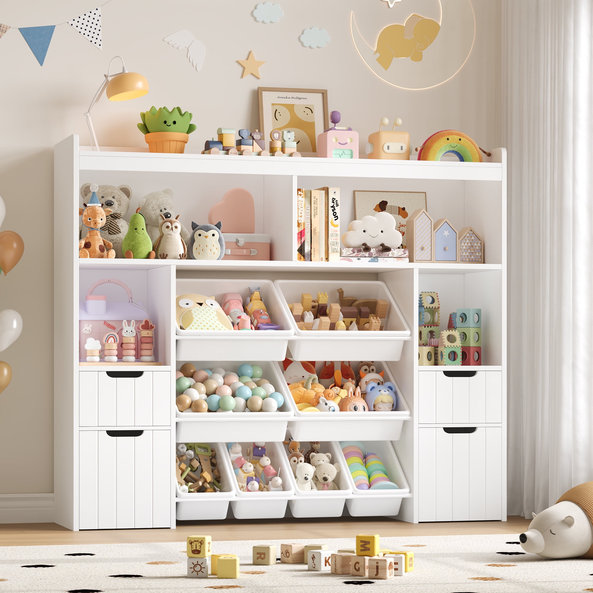 Homfa Kids Toy Storage Organizer with Removable Bin, Kids Bookshelf and Bookcase Toy Box with Drawers for Playroom, Classroom, White