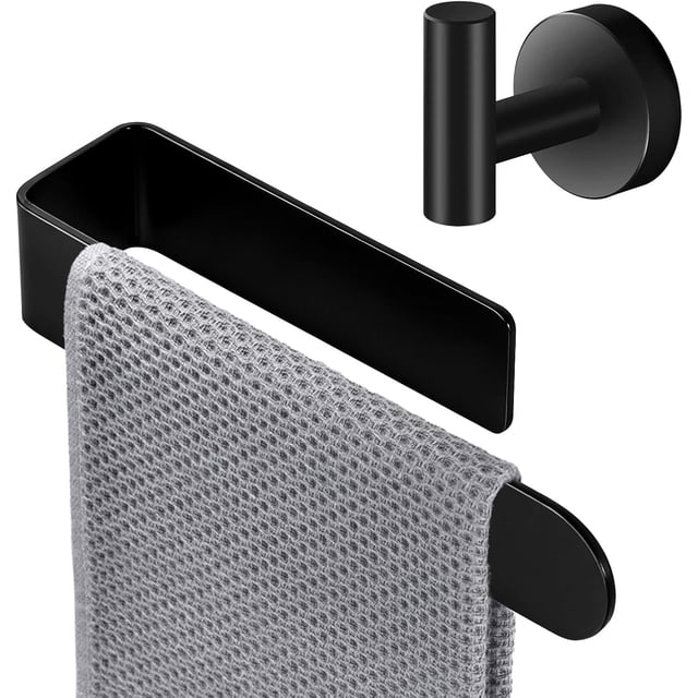 Juego de 2 Piezas de Accesorios de Baño, Toalleros de Baño Sin Taladro Adhesivo y Ganchos de Toalla para Baño Acero Inoxidable para Uso En Cocinas, Balcones y Baños (Negro)