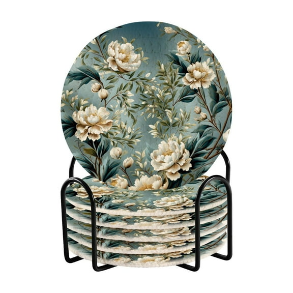 6 Pcs Flowers with Green Leaves Drink Coasters with Holder Absorbent Coaster Sets Cup Heat-Resistant Hot Pads Mats for Bar Table Protection