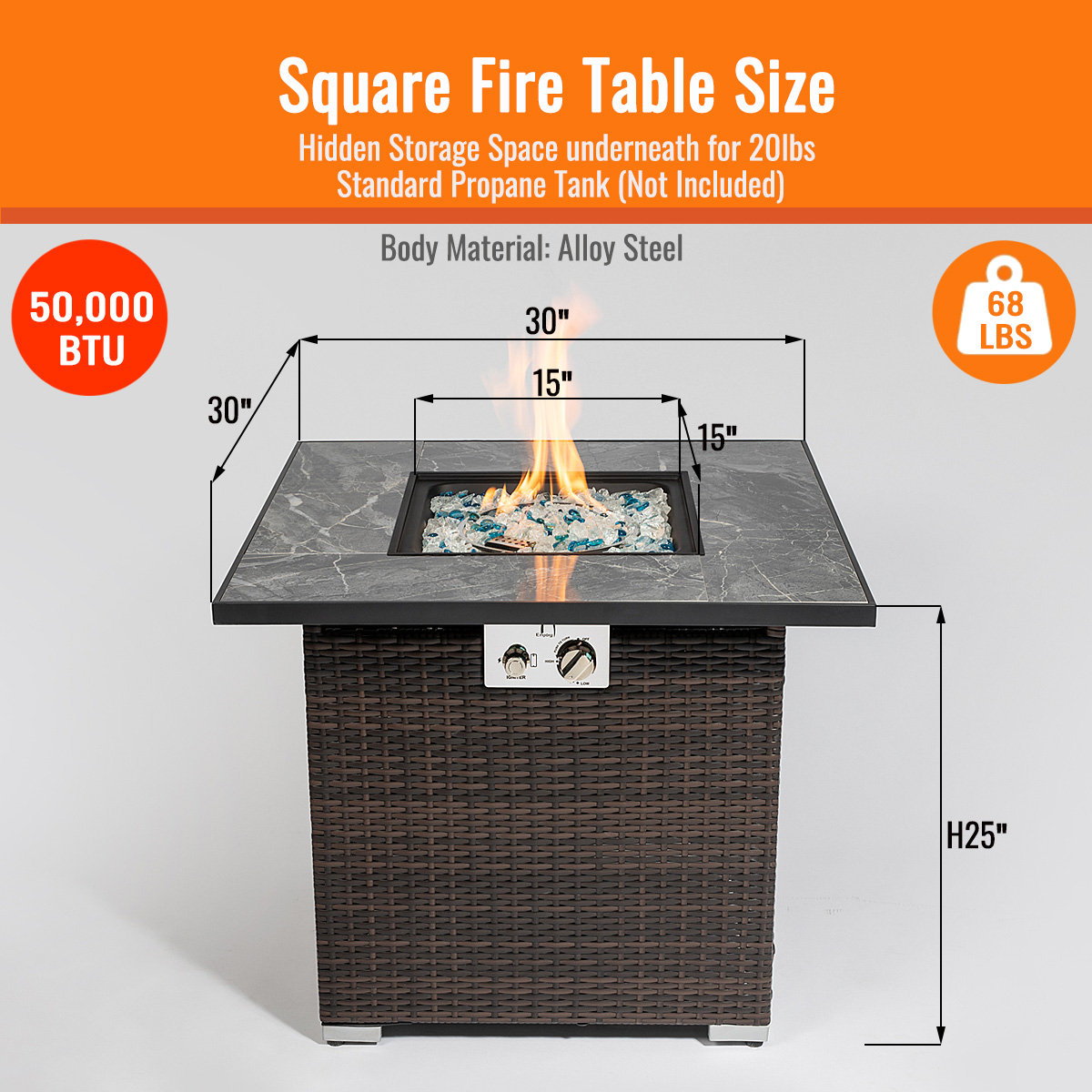 AJ Enjoy 30" Outdoor Propane Gas Fire Pit Table, 40,000 BTU Auto-Ignition Gas Firepit with  Mixed Color Glass Rocks, Brown