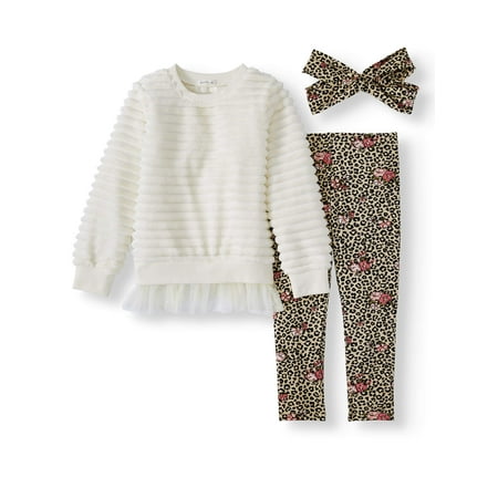 Forever Me Cozy Knit Top and Animal Print Legging, 2-Piece Outfit Set With Headwrap (Little Girls & Big Girls)