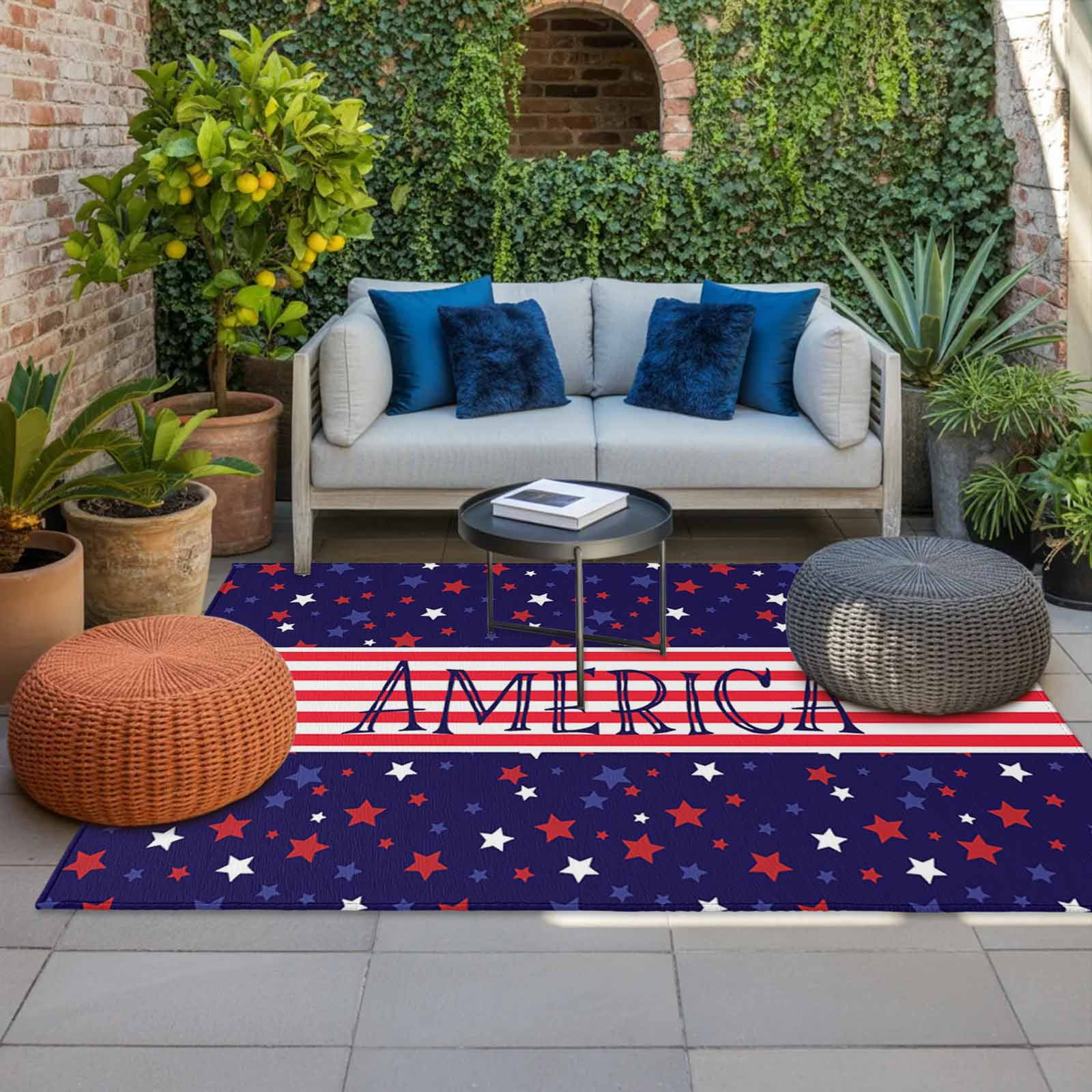 Independence Day Outdoor Rug for Patio/Deck/Porch, Non-Slip Large Area Rug 5 x 8 Ft, American Flag Red Blue Star Striped Indoor Outdoor Rugs Washable Area Rugs, Reversible Camping Rug Carpet Runner