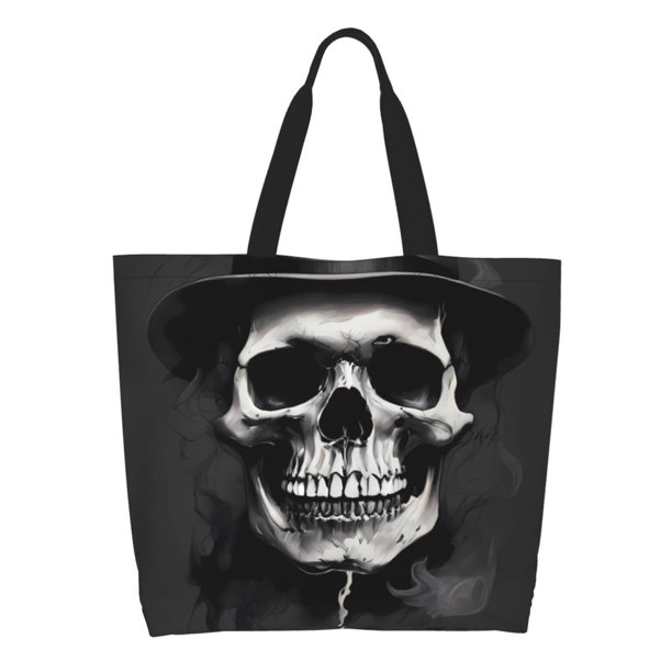 Balery Black White Hat Skull Bolsa Tote Estilo Estético con Cremalleras, Bolsa de Hombro, Bolsa de Compras Grande y Plegable