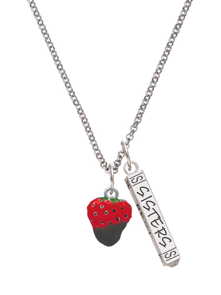 Delight Jewelry Silvertone 3-D Chocolate Dipped Strawberry Silvertone Sisters Best Friends Forever Bar Charm Necklace, 23"