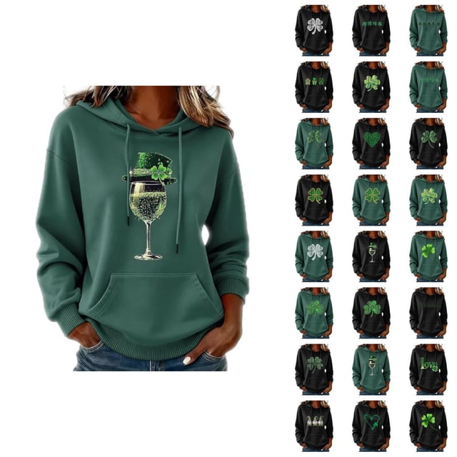 Chandails à Capuchon pour Femmes de la Saint-Patrick 2026 à Manches Longues avec Graphique de Trèfle et Poches