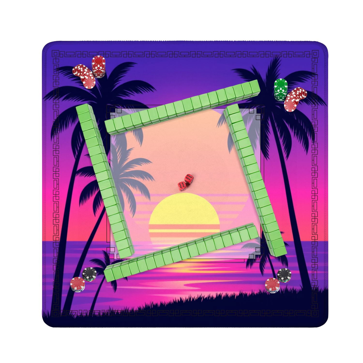 Mahjong Mat 31.5" x 31.5" sunset palm trees trendy purple california vintage Non-Slip Noise Reduction American Mahjong Tiles Table Cover for Dominoes Poker Card Board Games Gift