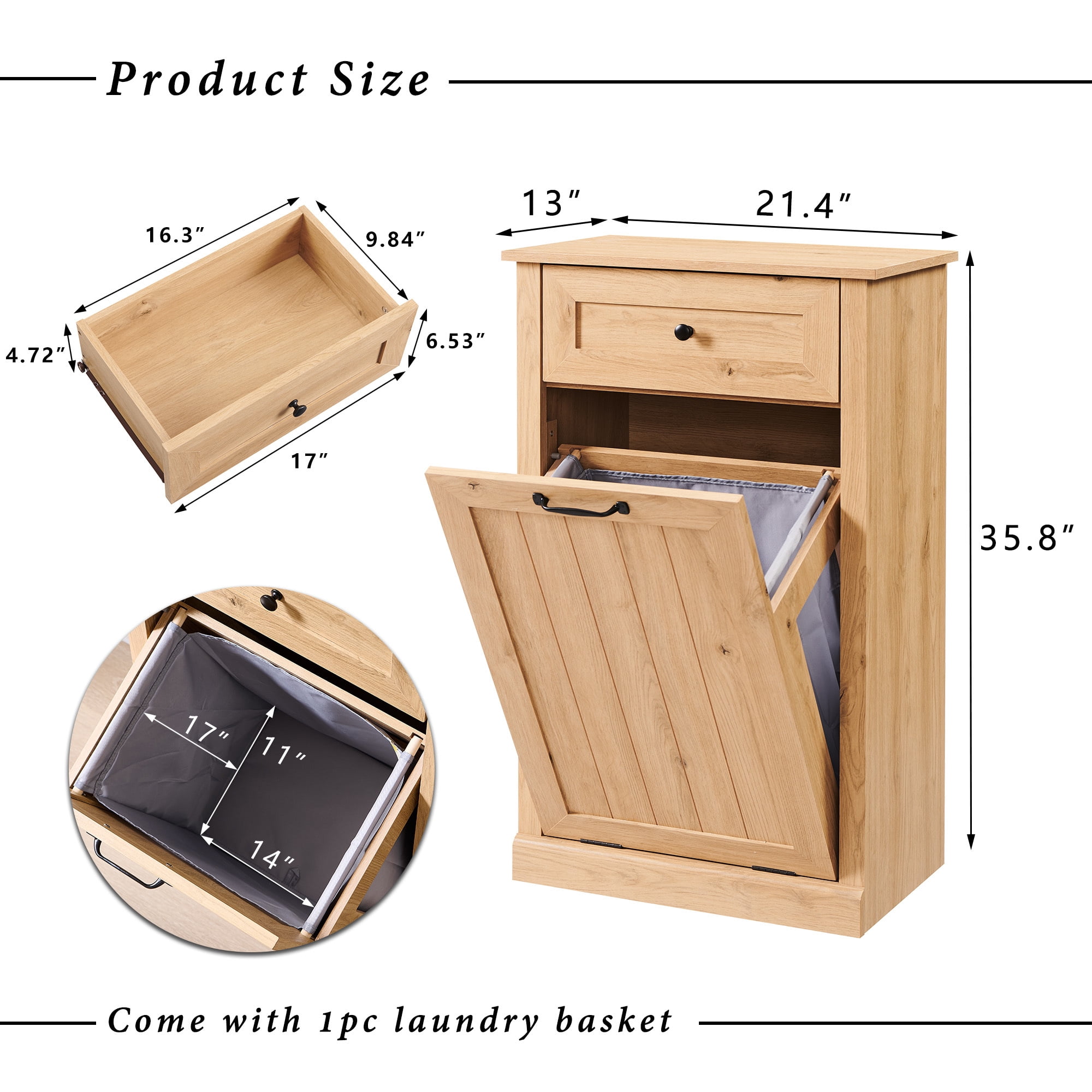 Tilt Out Trash Cabinet, 10 Gallon Farmhouse Laundry Hamper Cabinet with Drawers, Storage Basket for Kitchen, Living Room, Natural