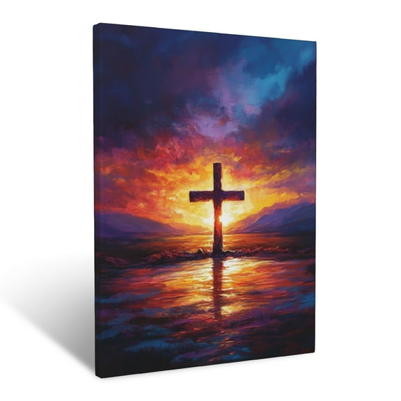 CozyNet Cross Glowing In Vibrant Sunset Surrounded By Hues Of Peace And Eternal Faith Wall Art Prints With Frame Canvas Perfect for Living Room & Bedroom, Ready to Hang, Wall Decor 12"x16"