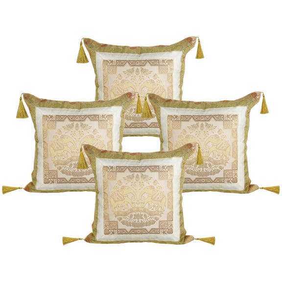 Stylo Culture Indian Brocade Living Room Throw Pillow Sham Covers White Gold 18x18 Jacquard Tassels Sofa Cushion Covers 45 x 45 cm Polydupion Silk Zippered Elephant Square Pillow Cases | Set Of 4