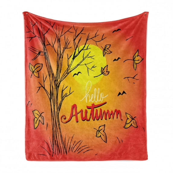 Autumn Soft Flannel Fleece Throw Blanket, Hand Drawn Fall Landscape with a Words Warm Colored Seasonal Nature Illustration, Cozy Plush for Indoor and Outdoor Use, 70" x 90", Multicolor, by Ambesonne