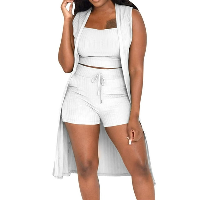 Yuyuzo Women Ribbed Knit 3 Piece Sets Vest Cardigan Tank Crop Tights Shorts Pajama Set Matching Sets Tracksuit